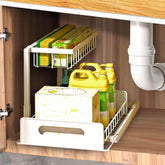 2-pack 2-tier sliding under sink organizers with hooks for bathroom and kitchen storage